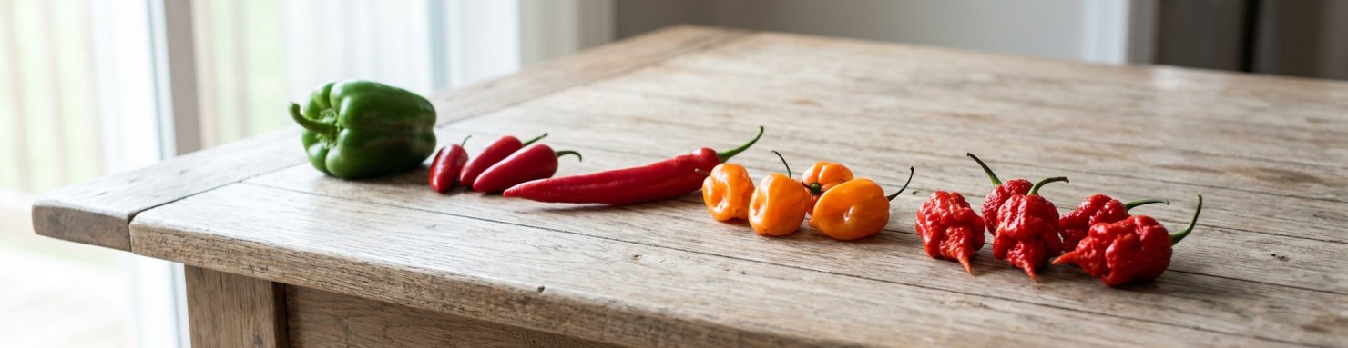 Piments classés du plus doux au plus fort, du poivron au habanero et au Carolina Reaper
