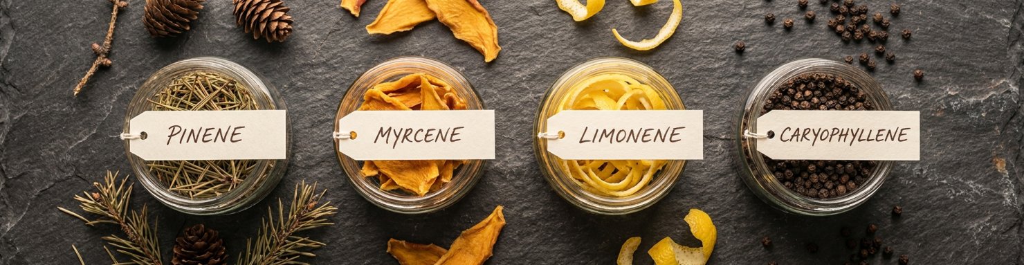 Composition aromatique comparant pinène, myrcène, limonène et caryophyllène dans le cannabis