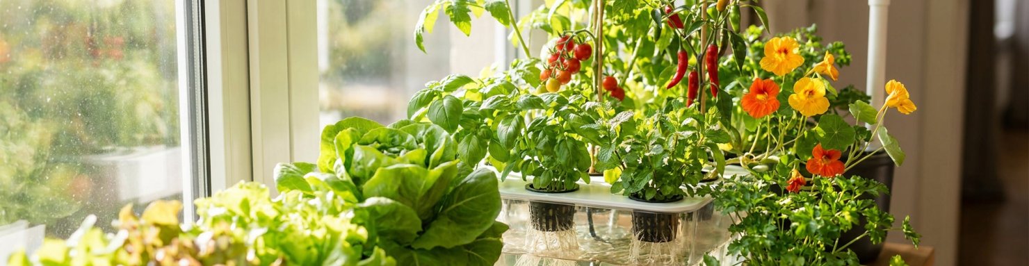 Plantes qui poussent bien en hydroponie : laitues, basilic, menthe, persil, tomates cerises, piments et capucines près d'une fenêtre