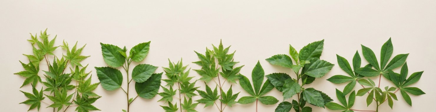 Plantes qui ressemblent au cannabis alignées : érable du Japon, hibiscus et feuillage type manioc