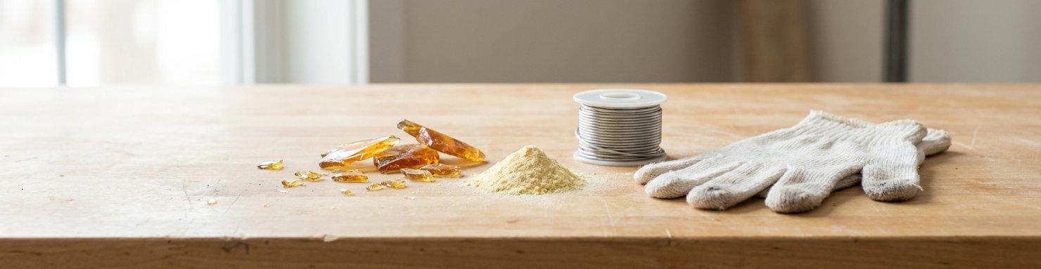 Fragments et poudre de colophane sur un plan de travail, résine allergisante
