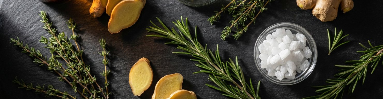 Romarin, thym et cristaux camphrés illustrant le profil aromatique du bornéol