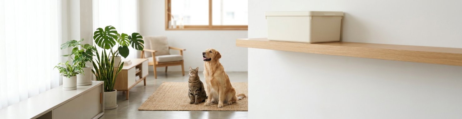 Boîte de rangement fermée placée en hauteur, chat et chien dans un intérieur ordonné et lumineux