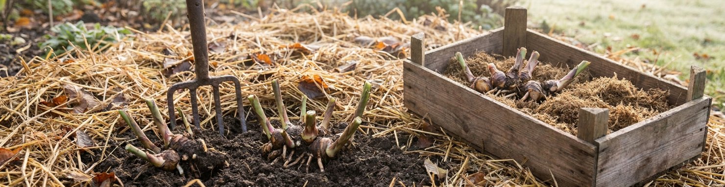 Rhizomes de cannas déterrés à la fourche-bêche près d'un massif paillé de paille et caisse de rangement pour l'hivernage