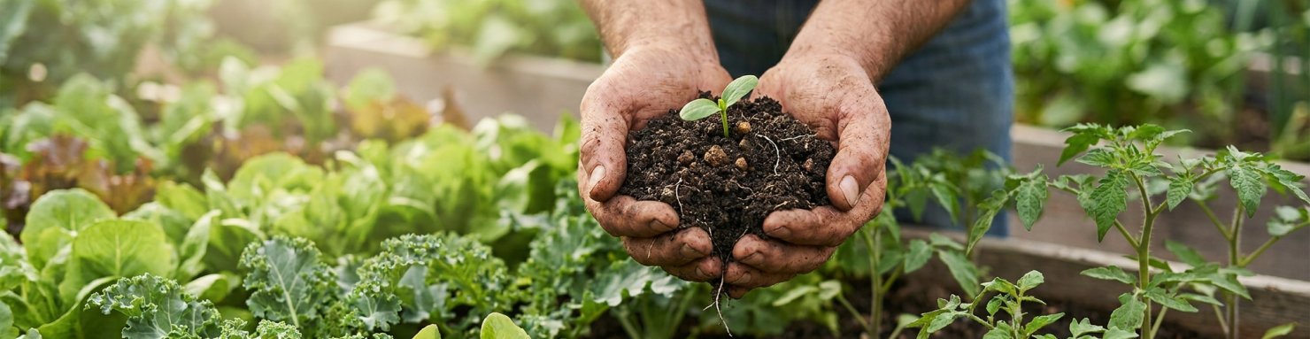 Mains tenant une terre de jardin grumeleuse riche en humus avec une jeune pousse