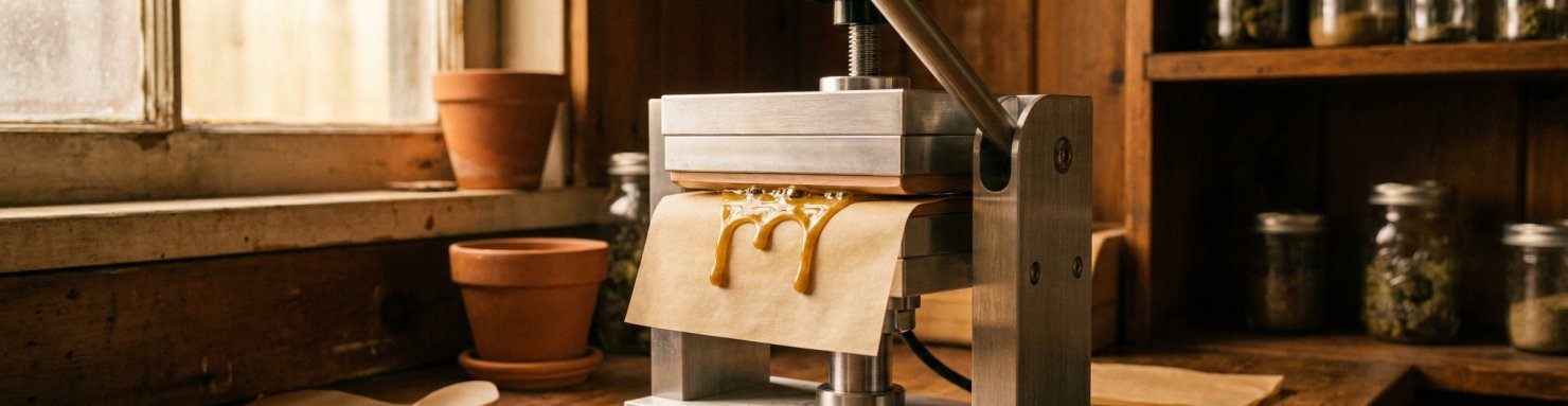 Rosin extraction par presse à chaud sans solvant, matière dorée translucide sur parchemin
