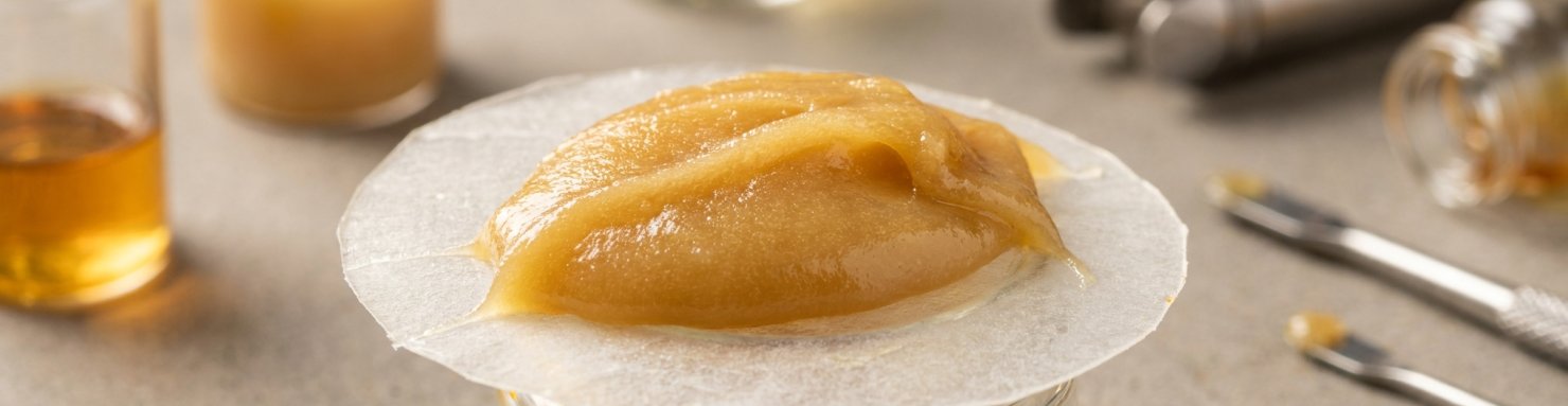 Critères de qualité d'un rosin, couleur ambrée et texture homogène translucide