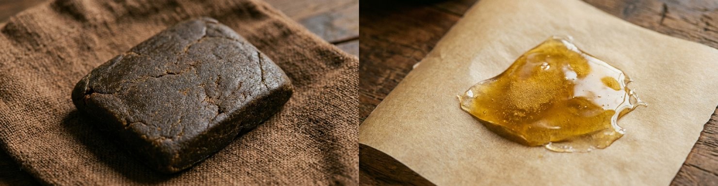 Comparaison rosin et hash classique, deux concentrés cannabis aux textures contrastées