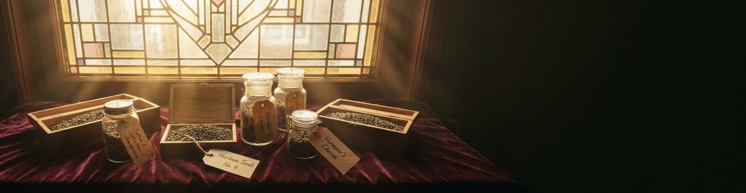 Collection patrimoniale de sativas d'Amsterdam mises en scène avec lumière dorée et ambiance vintage