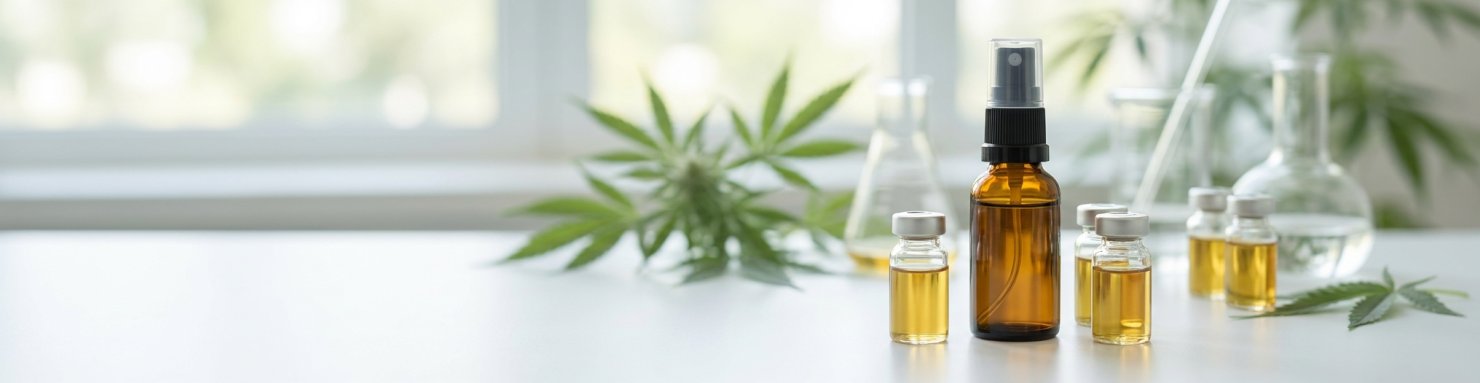 Flacon spray et vials d'extrait illustrant la composition du Sativex en THC et CBD