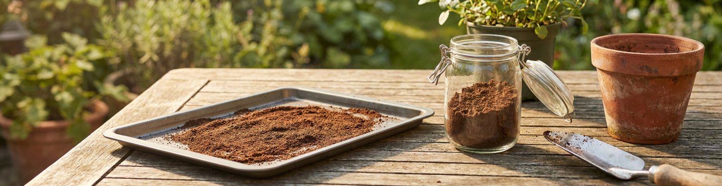 Marc de café mis à sécher sur un plateau et conservé en bocal avant utilisation au jardin