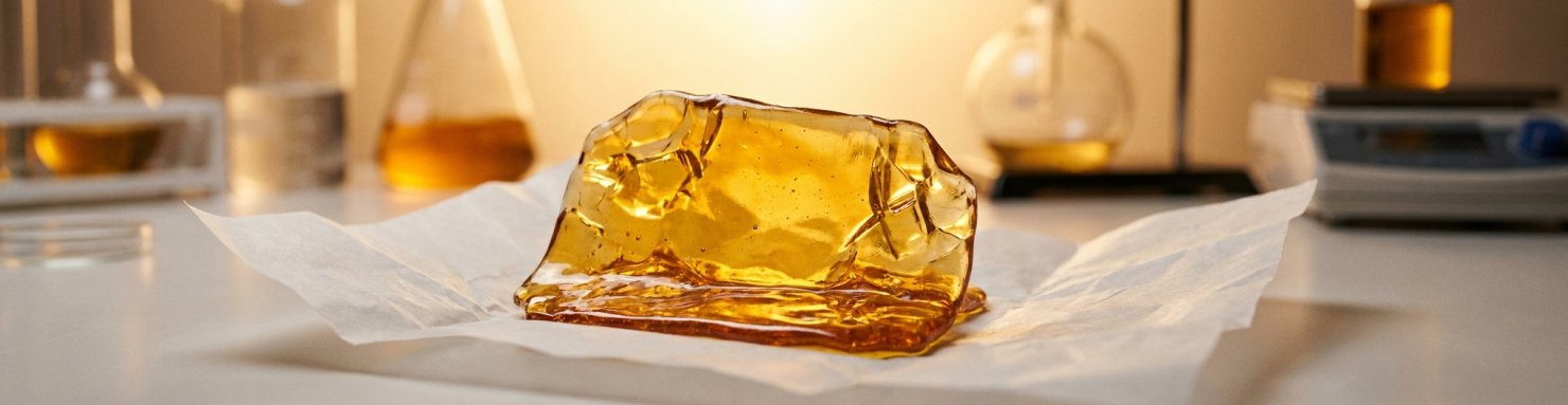 Plaque ambrée translucide de shatter au format BHO posée sur papier sulfurisé
