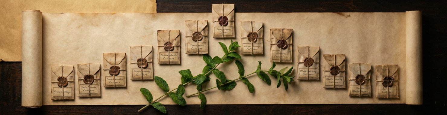 Arbre généalogique Sinmint Cookies : sachets de graines en arborescence et menthe fraîche illustrant la descendance Animal Mints et la famille Cookies