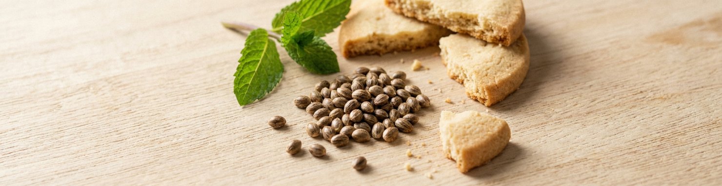 Généalogie Sinmint Cookies : graines de cannabis Sin City Seeds, branche de menthe et biscuits évoquant le croisement Forum Cookies x Blue Power
