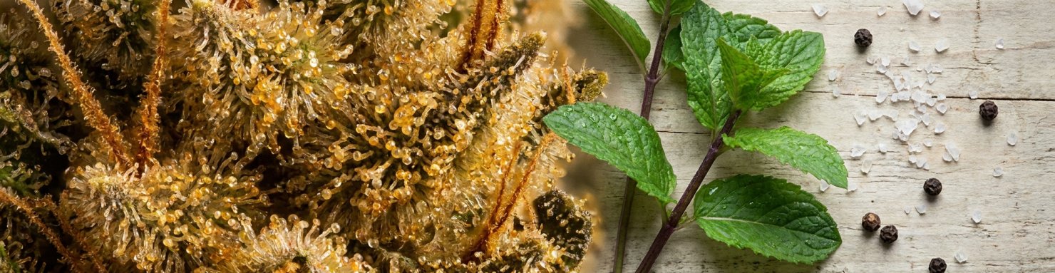 Profil terpénique Sinmint Cookies : trichomes denses, menthe fraîche et grains de poivre évoquant le caryophyllène et la signature mentholée du cultivar
