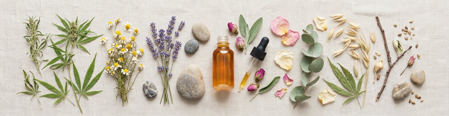 Plantes, chanvre et huile de CBD évoquant les causes du syndrome prémenstruel