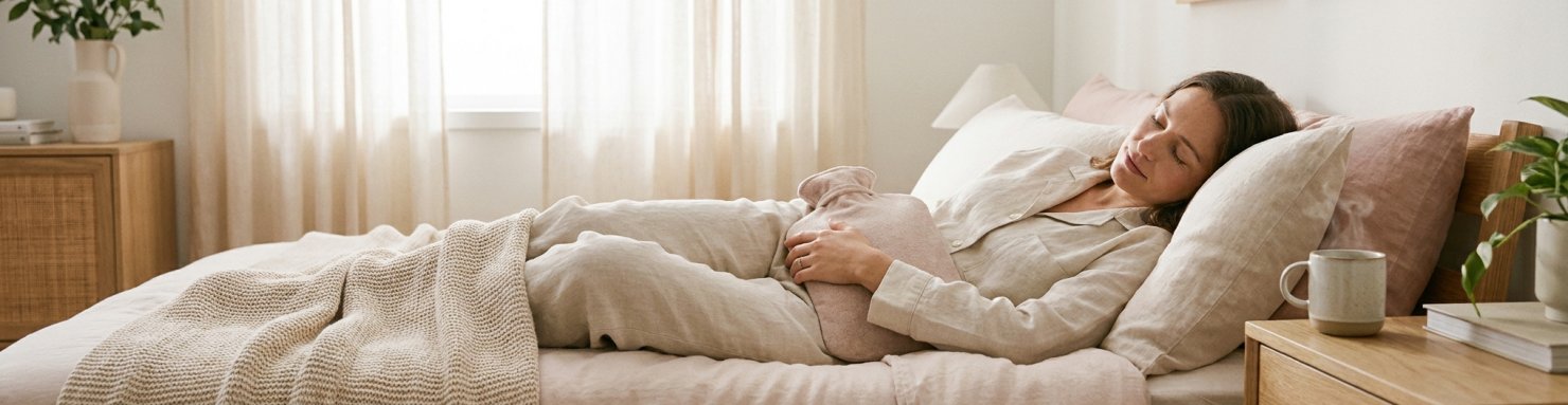 Femme au repos avec une bouillotte pour apaiser le syndrome prémenstruel