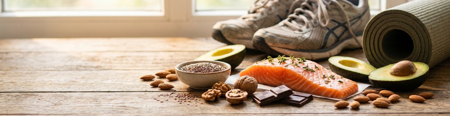 Stimuler naturellement le système endocannabinoïde, aliments riches en oméga-3 et accessoires de sport pour activité physique régulière