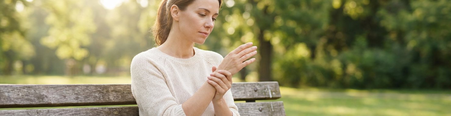 Femme ressentant des fourmillements dans la main, un des symptômes possibles d'une démyélinisation