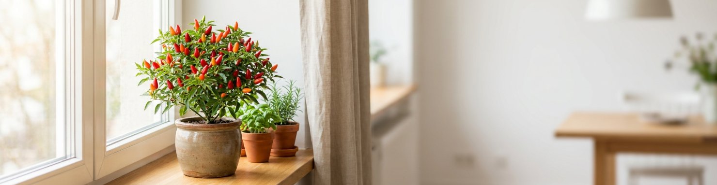 Piment en pot compact et bien taillé sur un rebord de fenêtre en intérieur, chargé de petits fruits rouges