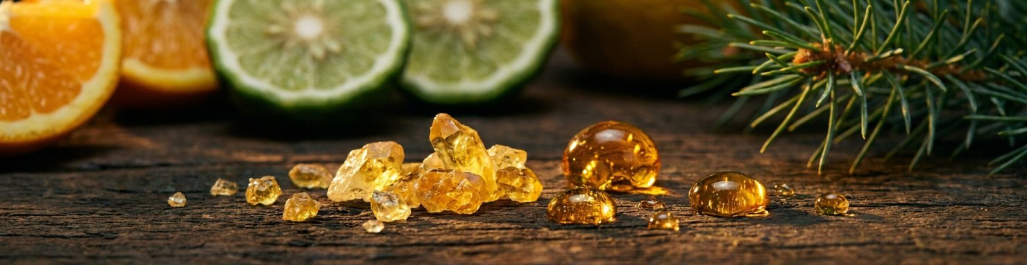 Terpènes du cannabis liés à la créativité limonène pinène terpinolène cristaux ambrés
