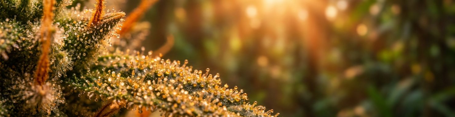 Trichomes glandulaires d'une sativa équatoriale révélant les terpènes limonène, myrcène et caryophyllène