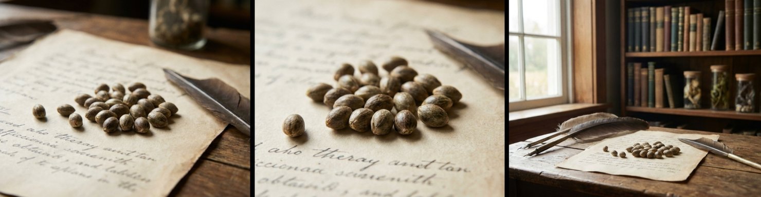 Graines de cannabis sur un papier ancien annoté, évoquant le patrimoine génétique et la culture des graines de collection derrière le mot teush