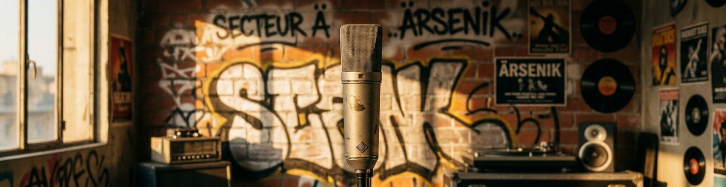 Microphone vintage de studio rap français, illustrant la popularisation du mot teush par la culture hip-hop