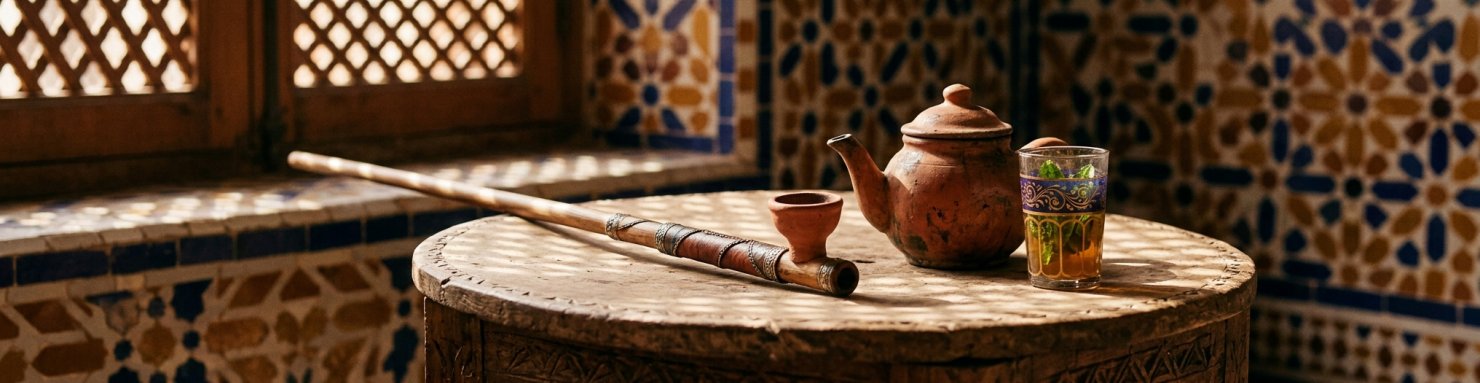 Sebsi traditionnel et thé à la menthe sur table en bois berbère, tradition du kif rifain marocain depuis le XVIe siècle