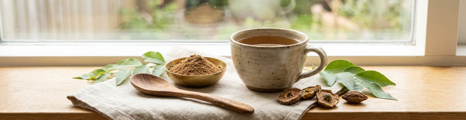Tasse d'infusion et bol de poudre de triphala près d'une fenêtre, tradition ayurvédique