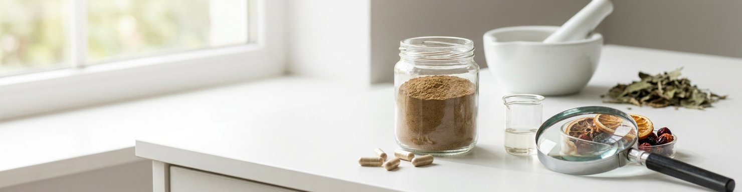 Bocal de poudre de plantes, gélules et loupe sur un comptoir : précautions autour du triphala