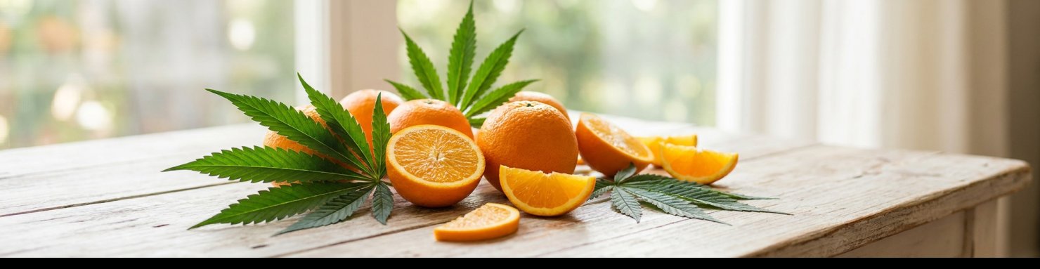 Oranges fraiches et feuilles de cannabis illustrant le profil agrumes de la Tropicana Cookies