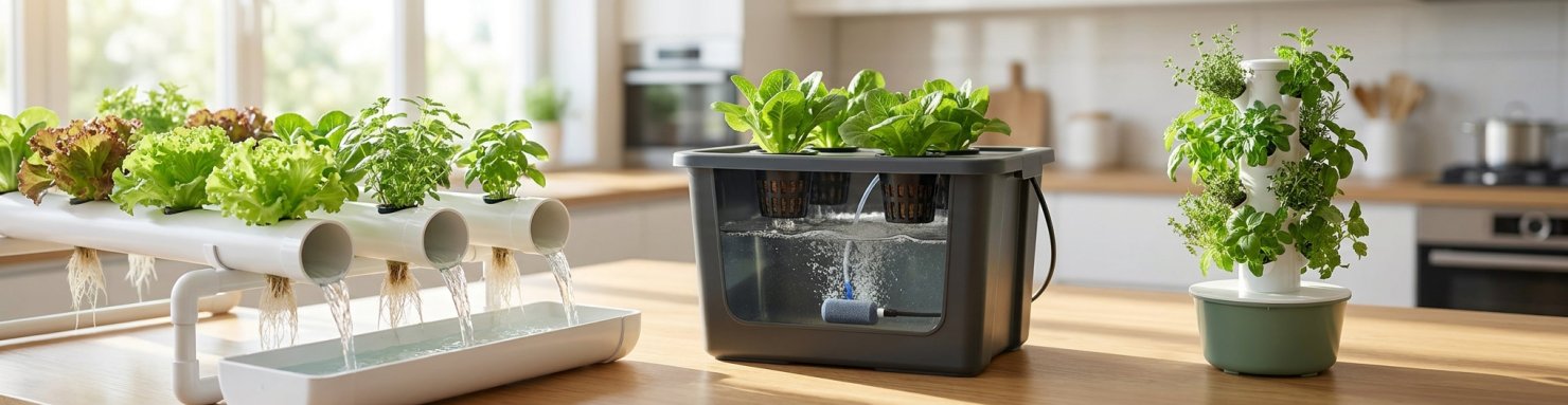 Trois types de système hydroponique sur un plan de travail : gouttières NFT de laitues, bac DWC avec bulleur et tour verticale d'aromatiques
