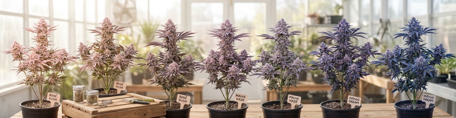 Variantes commerciales hybrides de la Sunset Sherbet : Blue, Pink et Cookies
