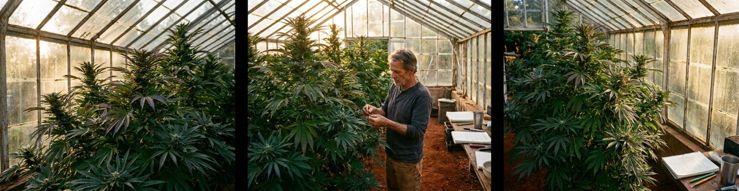 Variétés signature du breeder californien Apothecary Genetics dans une serre du Triangle d'Émeraude