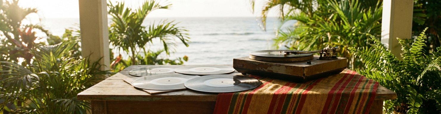 Vinyles reggae sur une véranda jamaïcaine, symbole de la sensimilla dans la culture reggae