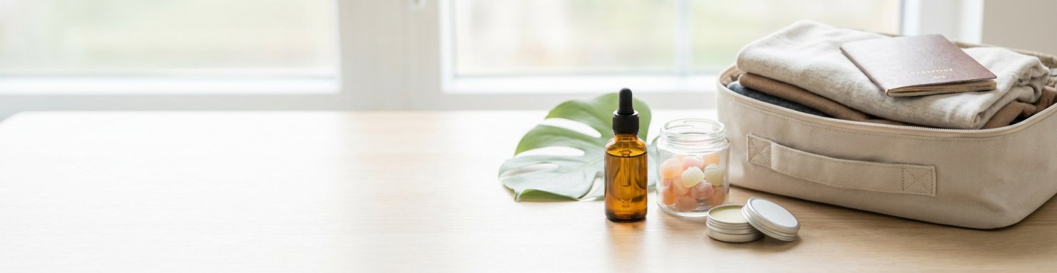 Trousse de voyage avec huile de CBD, gommes et baume dans une valise