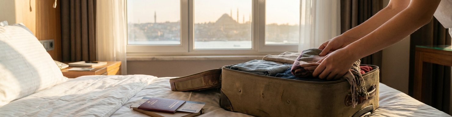 Valise et passeport devant Istanbul, conseils pour un voyageur au sujet du cannabis en Turquie