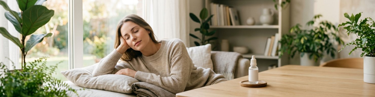 Personne détendue au calme avec un collyre, yeux reposés