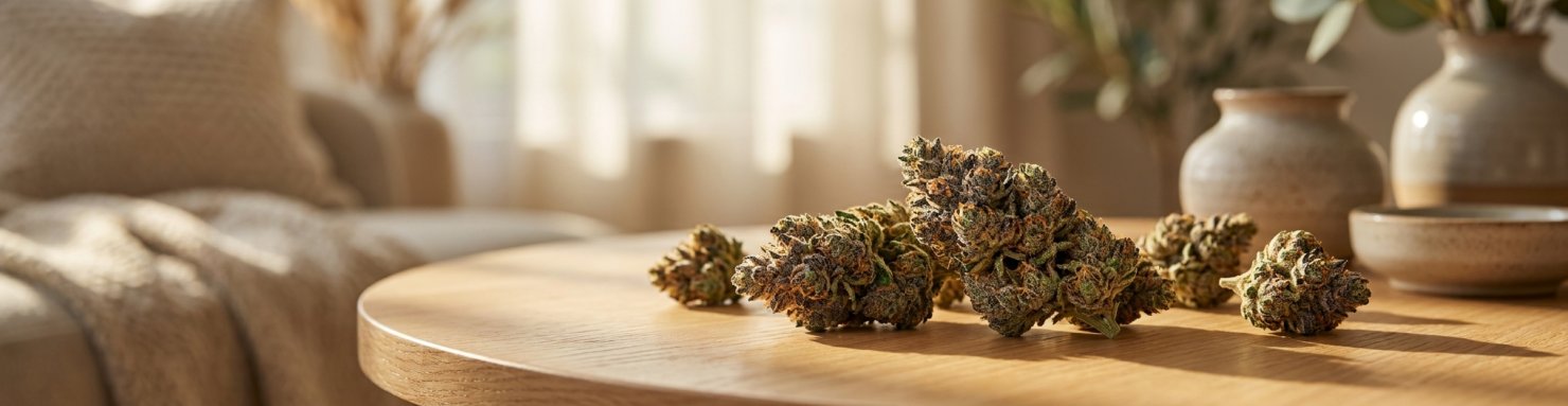 Bourgeons de cannabis haut de gamme évoquant la zaza dans une ambiance lumineuse