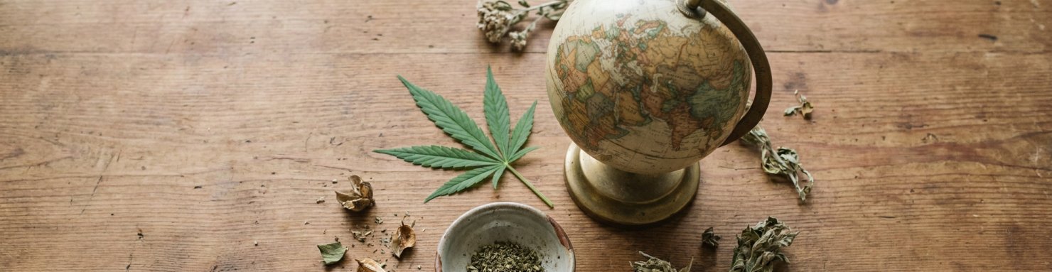 Feuille de cannabis et globe ancien symbolisant l'échange culturel du mot zaza